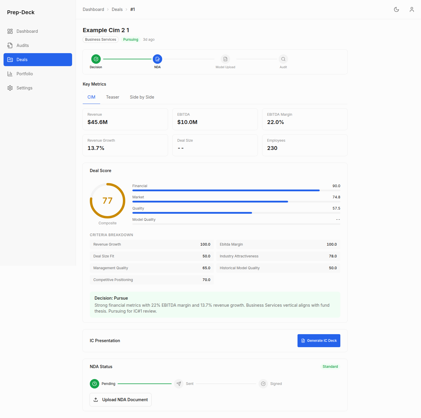 Deal deep-dive with financial metrics, deal score breakdown, and criteria analysis